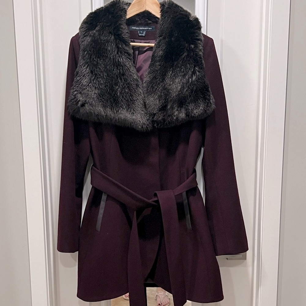 French Connection Wool Coat with Faux Fur Collar Burgundy/Wine
